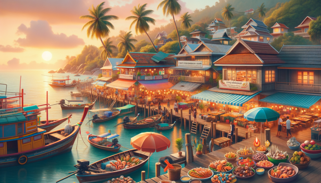 A bustling night market scene at Fisherman’s Village in Koh Samui, lined with vibrant street food stalls and busy seafood restaurants. Diners are enjoying freshly caught seafood and local delicacies at charming beachfront dining spots while warm, colorful lights illuminate the energetic atmosphere.