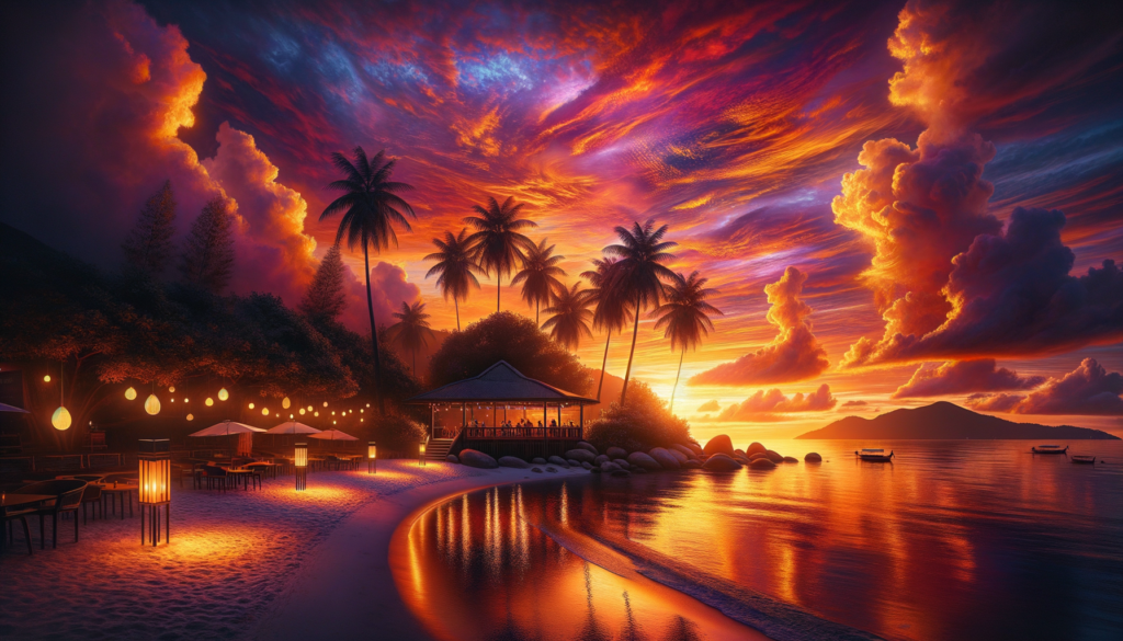 A stunning tropical beach scene in Koh Samui during sunset, featuring the calm sea with reflections of orange and pink hues from the sky. Silhouetted palm trees frame the image, while a few couples and individuals are scattered along the beach, enjoying the serene view. The glowing sun is partially visible, dipping below the horizon, casting a warm light over the tranquil setting. The atmosphere exudes a romantic and peaceful vibe, perfect for relaxation and capturing unforgettable moments.